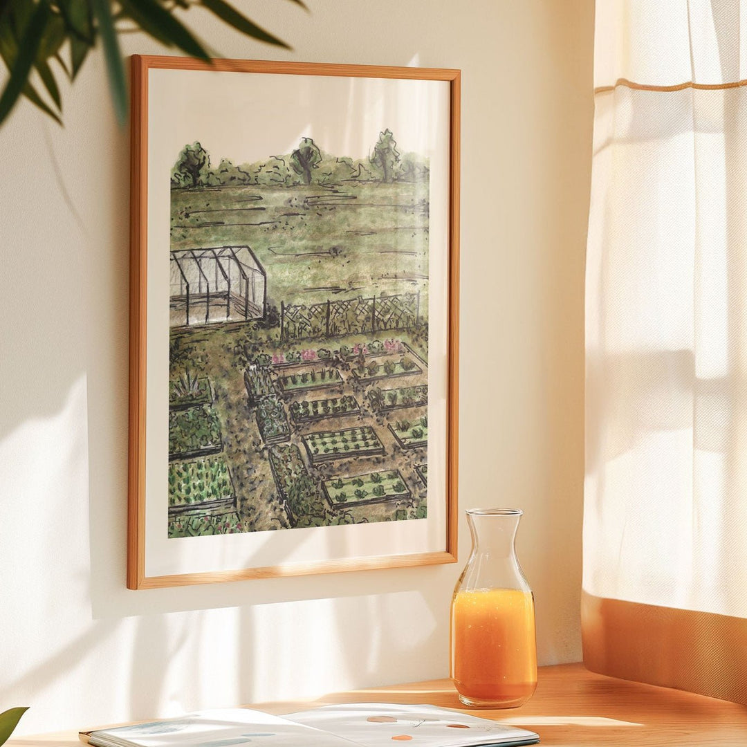 Wooden desk with open book, picture, and vase in a bright room with plants and curtains.