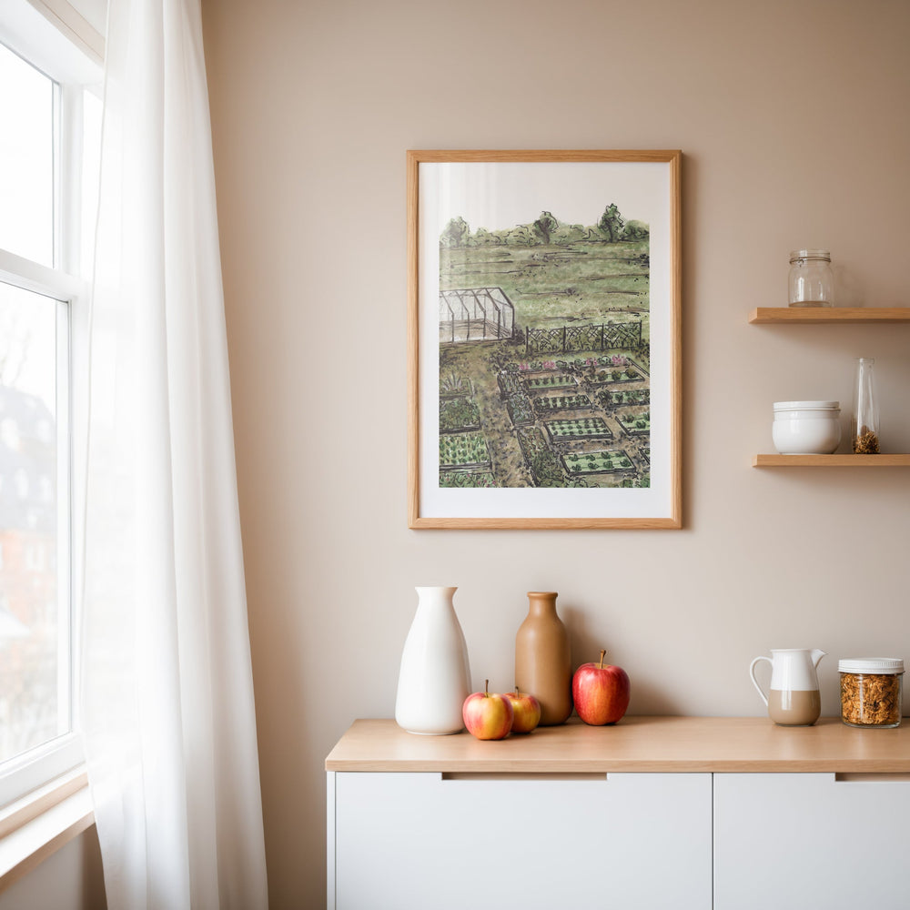 Room interior with a picture, vases, and apples on a shelf.