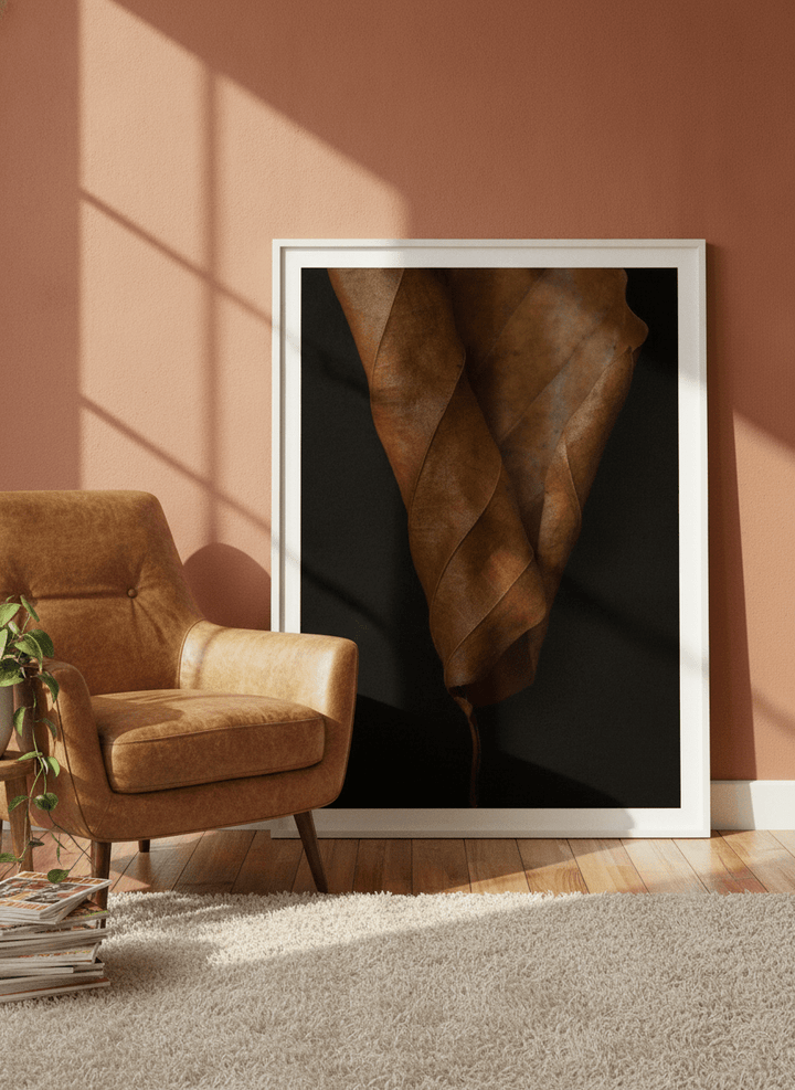 Modern wall art print leaning against the wall in a retro 70s bedroom