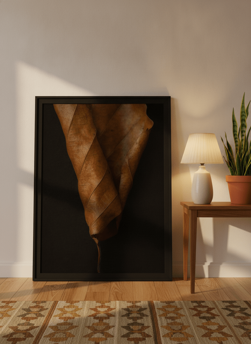 Modern wall art print leaning against the wall in a mid-century living room