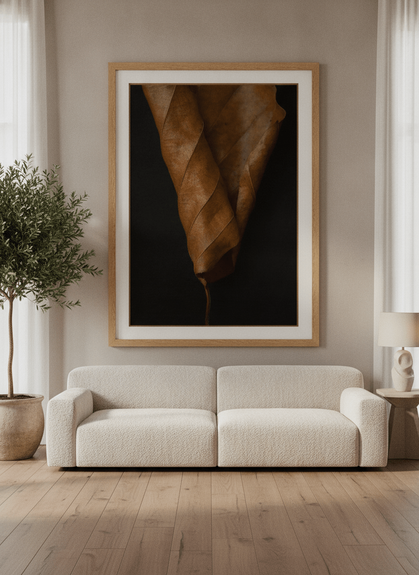Oversized statement modern wall art print styled on the wall in a luxe living room