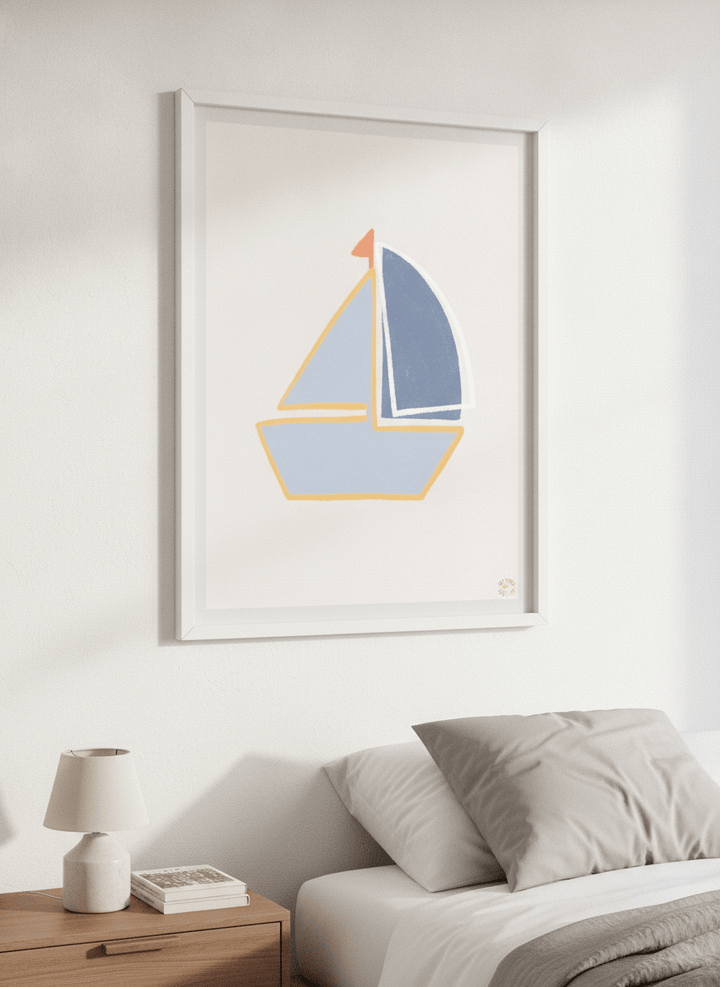 Minimalist artwork displayed in a calm, light-filled bedroom interior