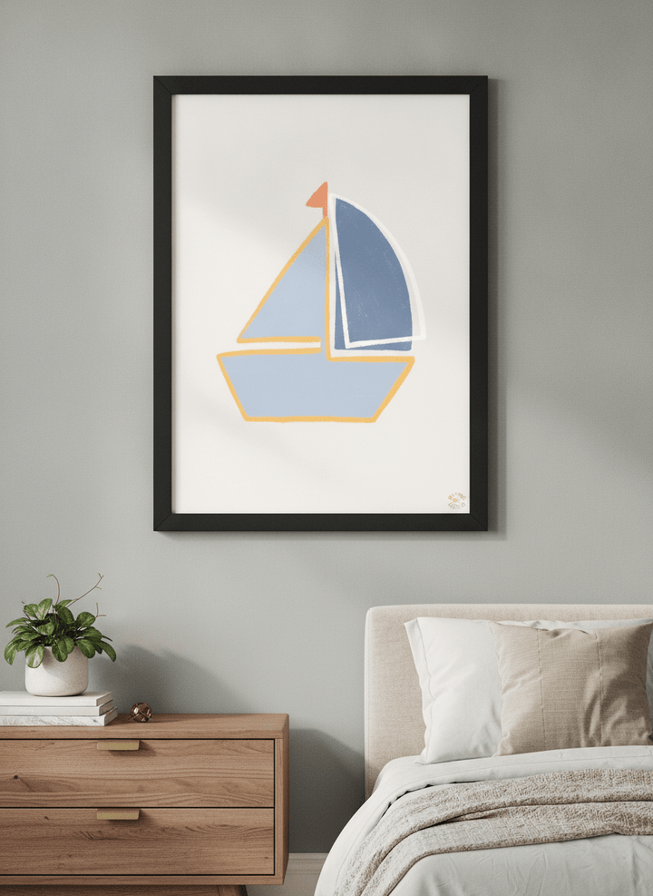 Minimalist artwork displayed in a calm, light-filled bedroom interior