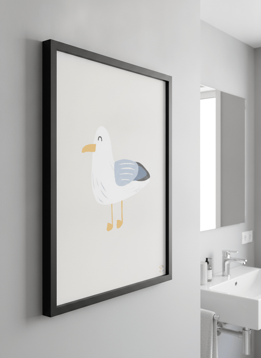 Modern print displayed in a clean minimalist bathroom setting