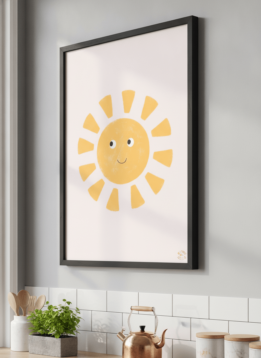 Artwork styled on the wall of a bright modern kitchen