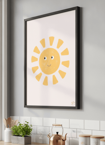 Artwork styled on the wall of a bright modern kitchen
