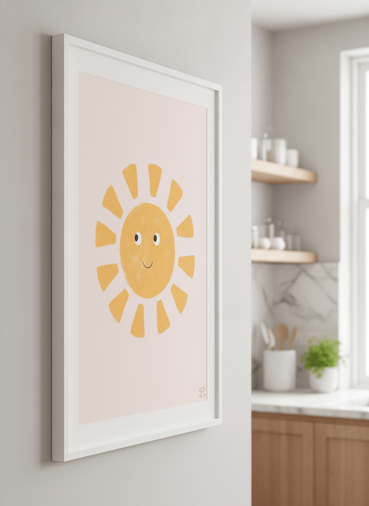 Artwork styled on the wall of a bright modern kitchen