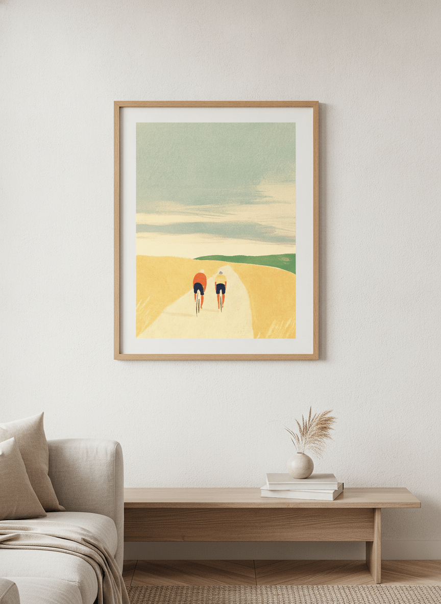 Modern wall art styled above a sofa in a neutral living room