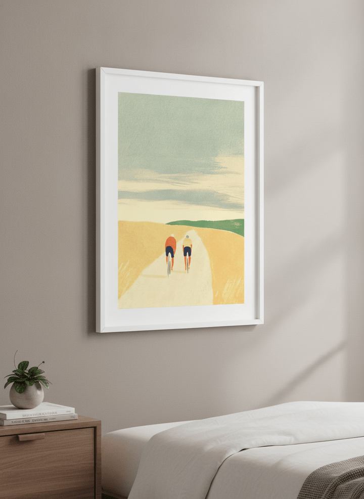 Minimalist artwork displayed in a calm, light-filled bedroom interior