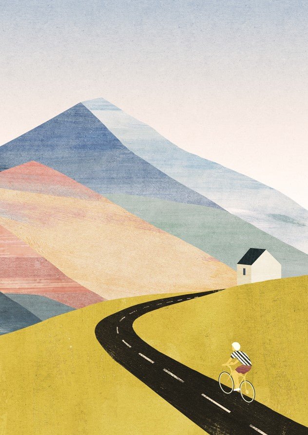 Illustration of a cyclist on a winding road with colorful mountains in the background. framed