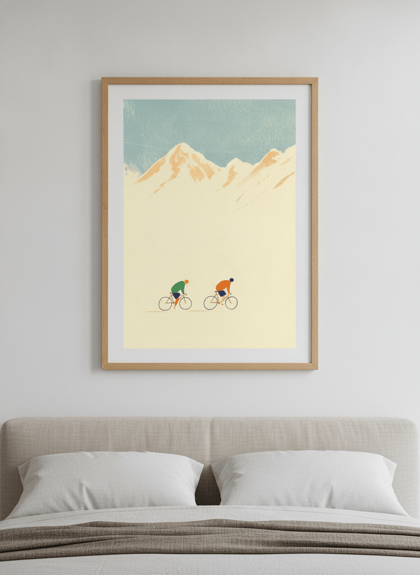 Minimalist artwork displayed in a calm, light-filled bedroom interior