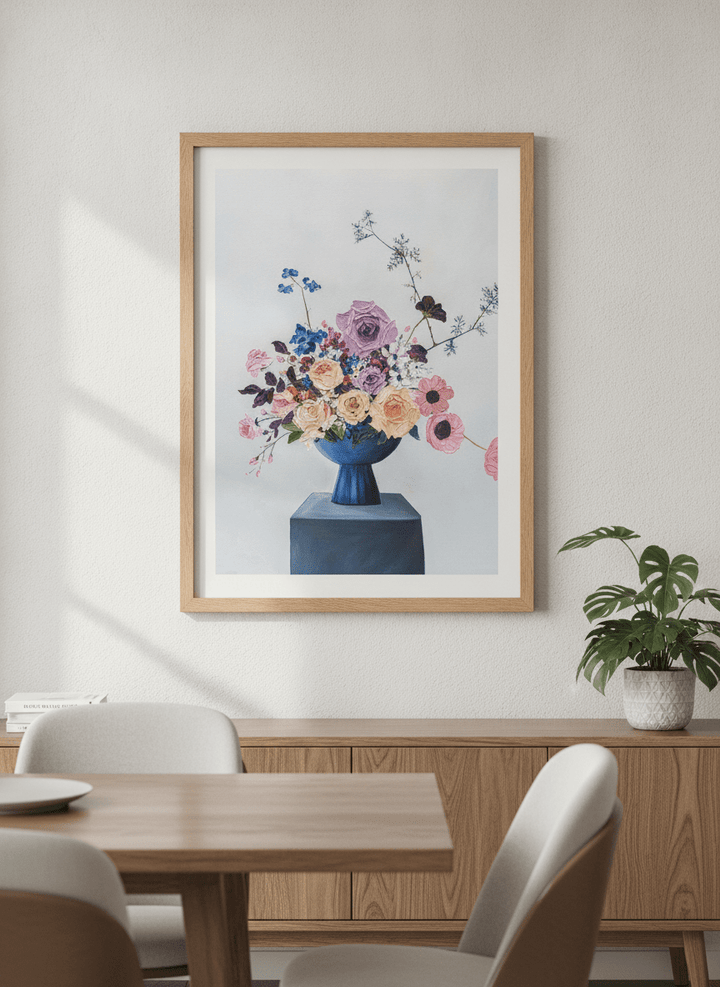 Wall art styled above a dining table in a contemporary home