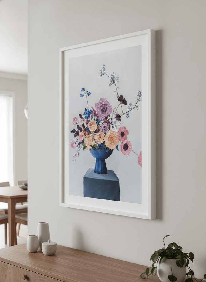 Wall art styled above a dining table in a contemporary home