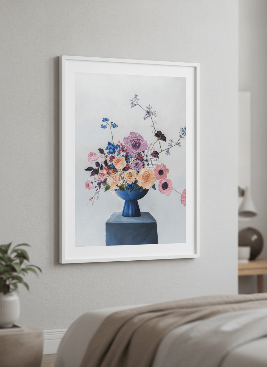 Minimalist artwork displayed in a calm, light-filled bedroom interior