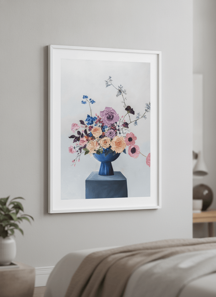 Minimalist artwork displayed in a calm, light-filled bedroom interior