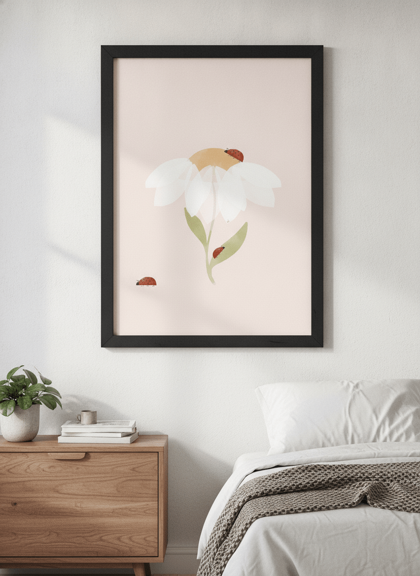 Minimalist artwork displayed in a calm, light-filled bedroom interior
