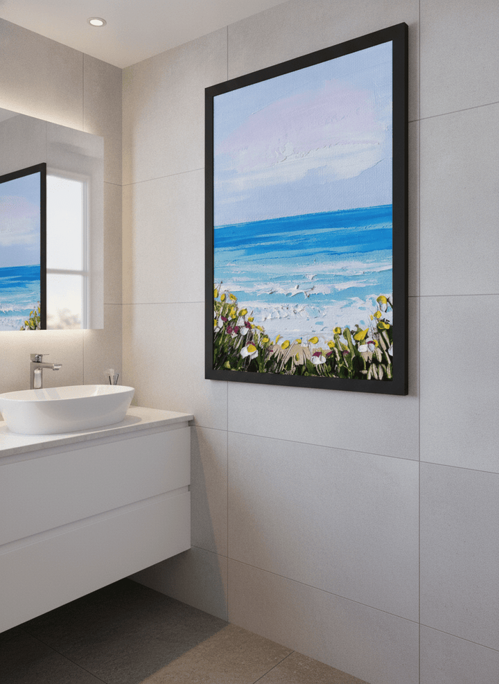Modern print displayed in a clean minimalist bathroom setting