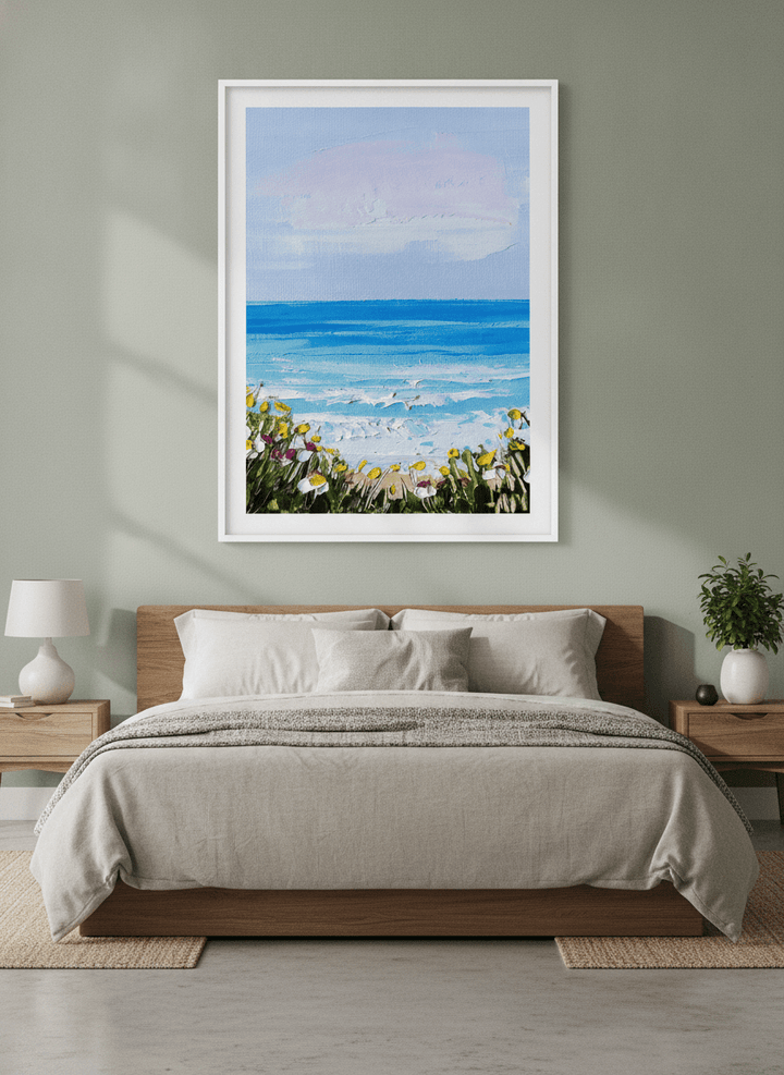 Minimalist artwork displayed in a calm, light-filled bedroom interior
