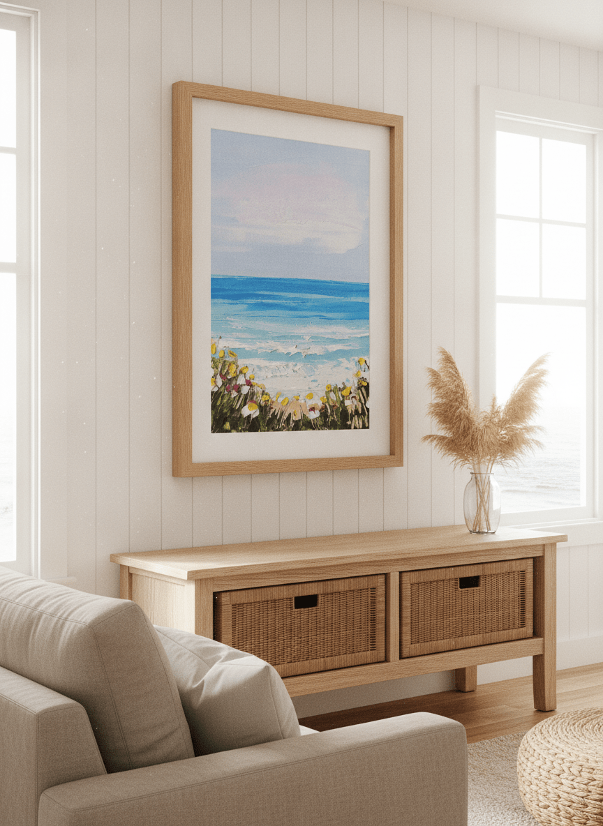 Neutral wall art displayed in a sunny coastal beach house