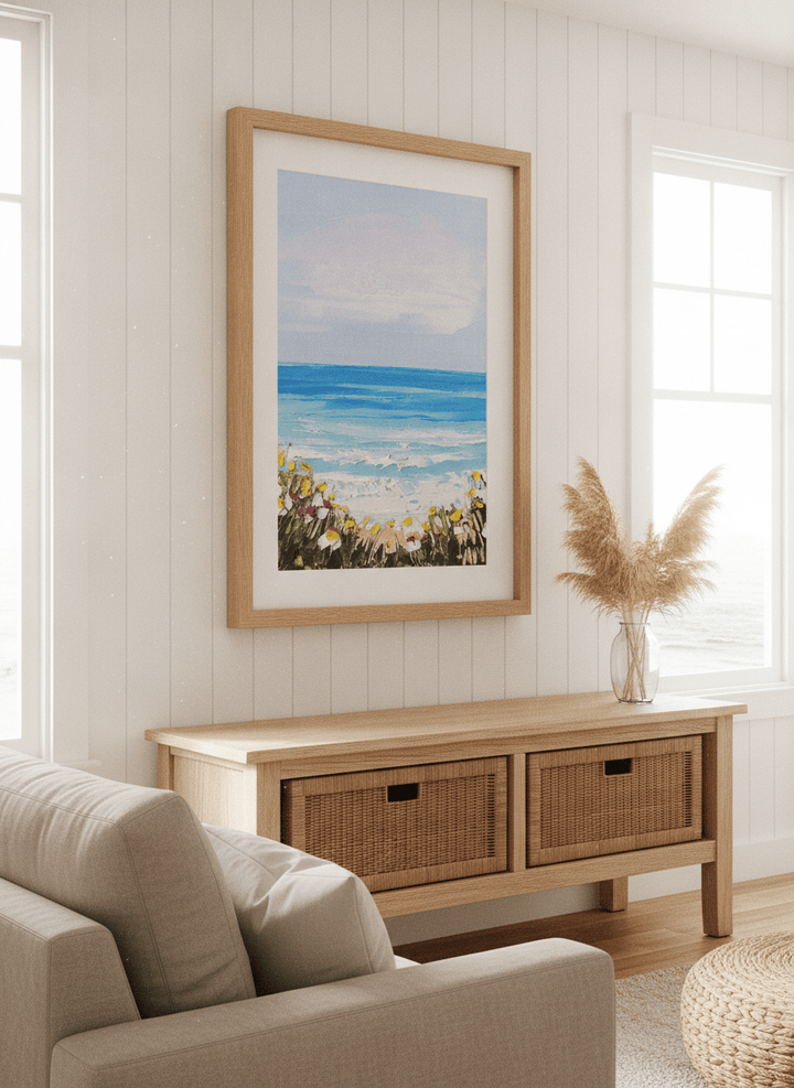 Neutral wall art displayed in a sunny coastal beach house