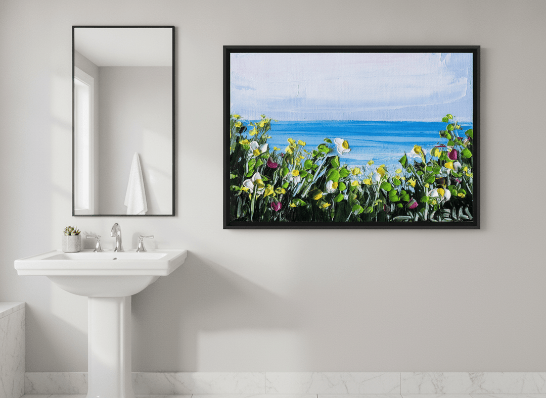 Modern print displayed in a clean minimalist bathroom setting