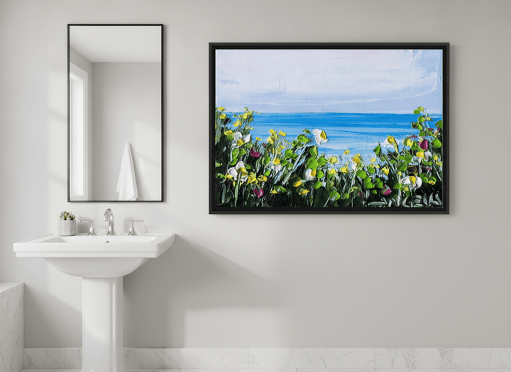 Modern print displayed in a clean minimalist bathroom setting
