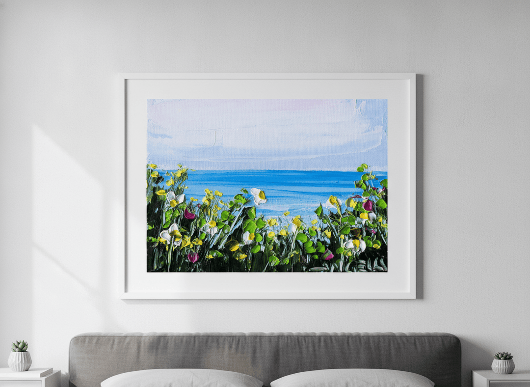 Minimalist artwork displayed in a calm, light-filled bedroom interior