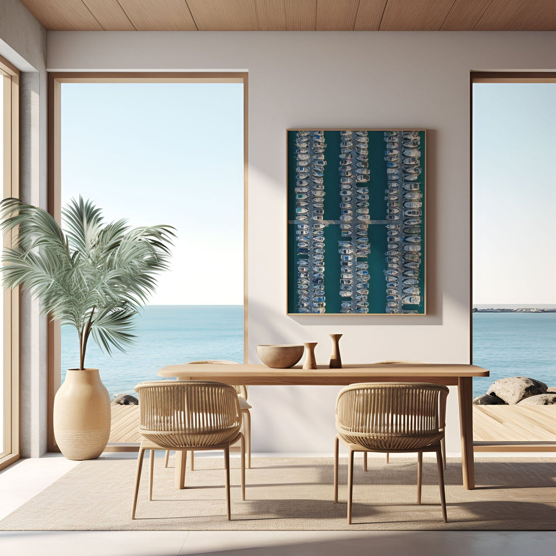 Modern dining area with ocean view, wooden table, and chairs.