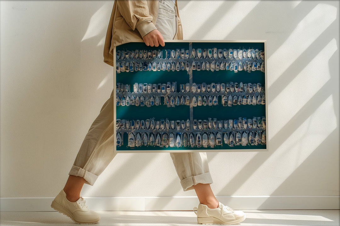 Person holding a large photo album filled with photos against a white wall.