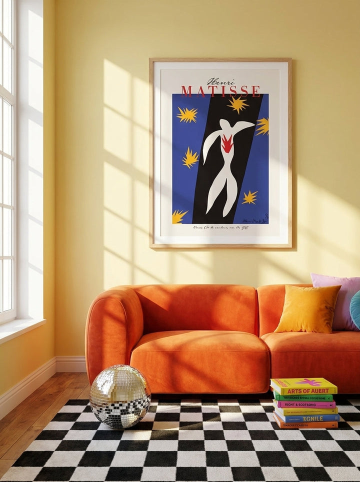 Modern wall art print styled on the wall in a colourful eclectic living room