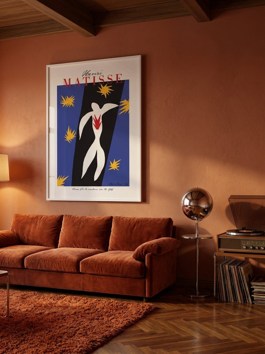 Oversized statement modern wall art print styled on the wall in a retro 70s living room
