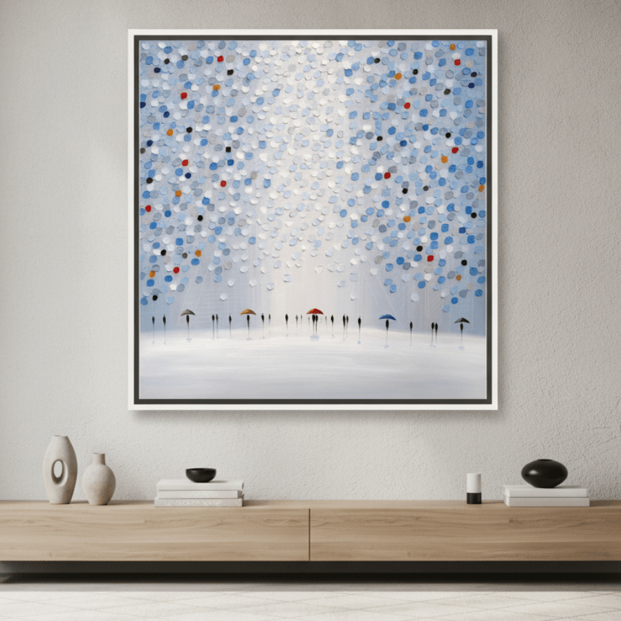 Oversized statement canvas wall art with a white surround styled in a luxe interior