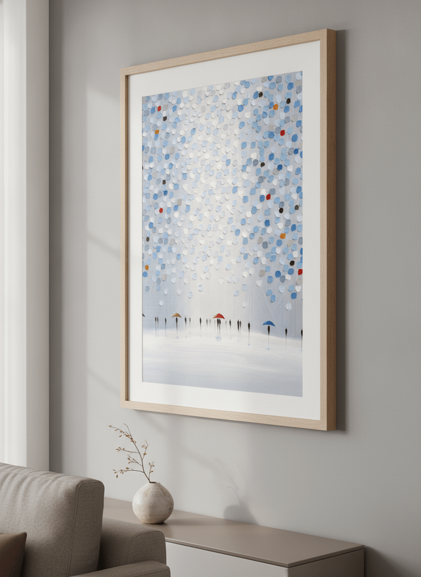 Modern wall art styled above a sofa in a neutral living room