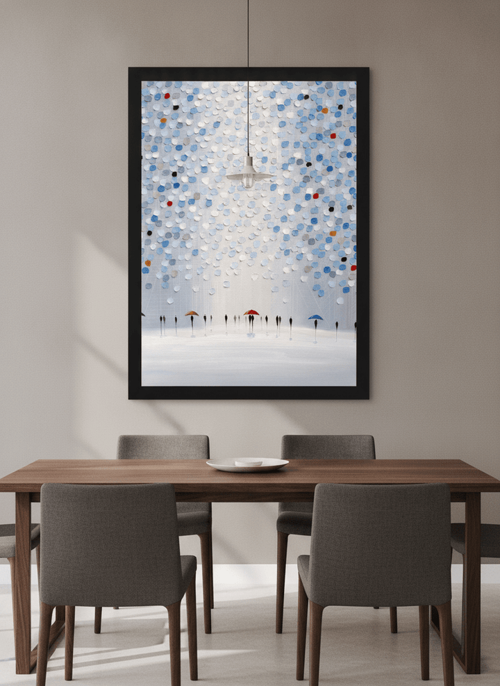 Wall art styled above a dining table in a contemporary home