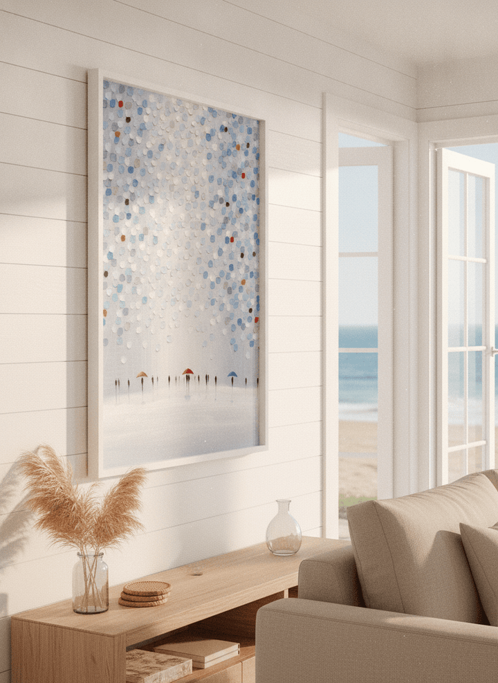 Neutral wall art displayed in a sunny coastal beach house