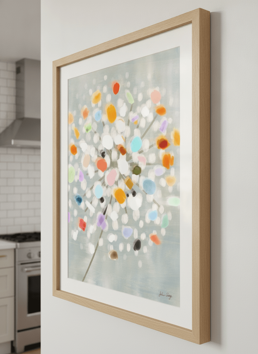 Artwork styled on the wall of a bright modern kitchen