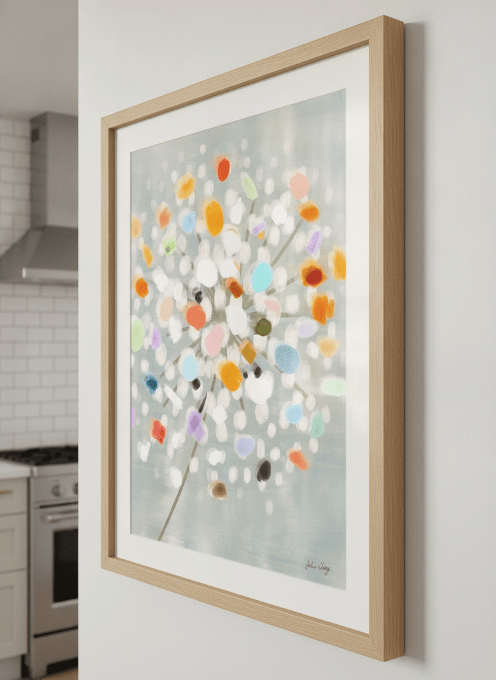 Artwork styled on the wall of a bright modern kitchen