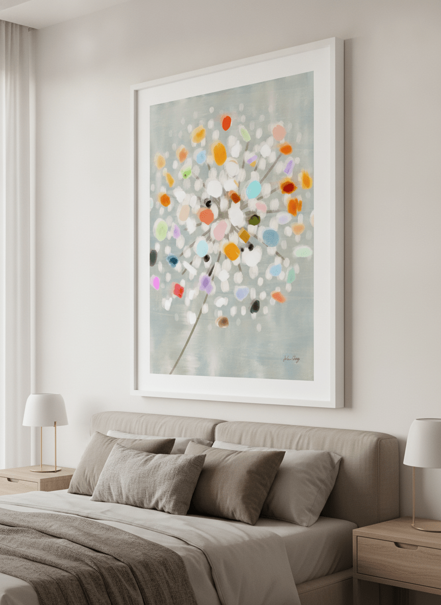 Minimalist artwork displayed in a calm, light-filled bedroom interior