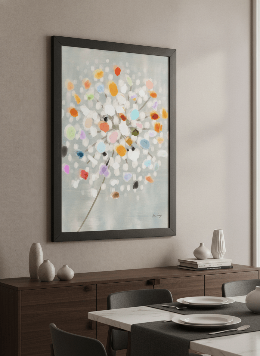 Wall art styled above a dining table in a contemporary home