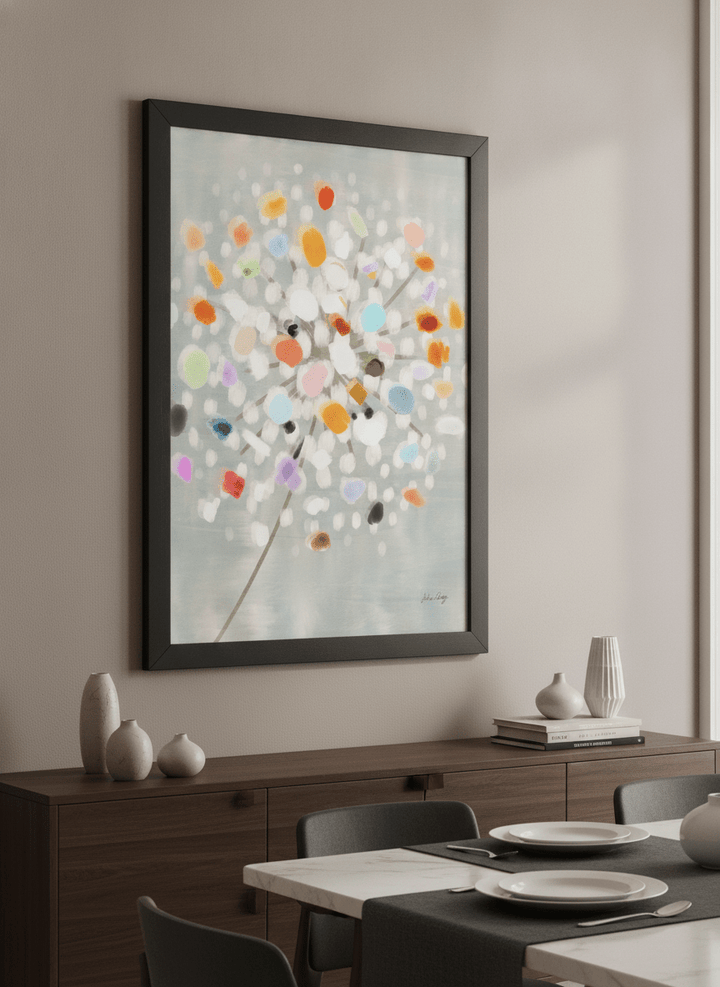 Wall art styled above a dining table in a contemporary home