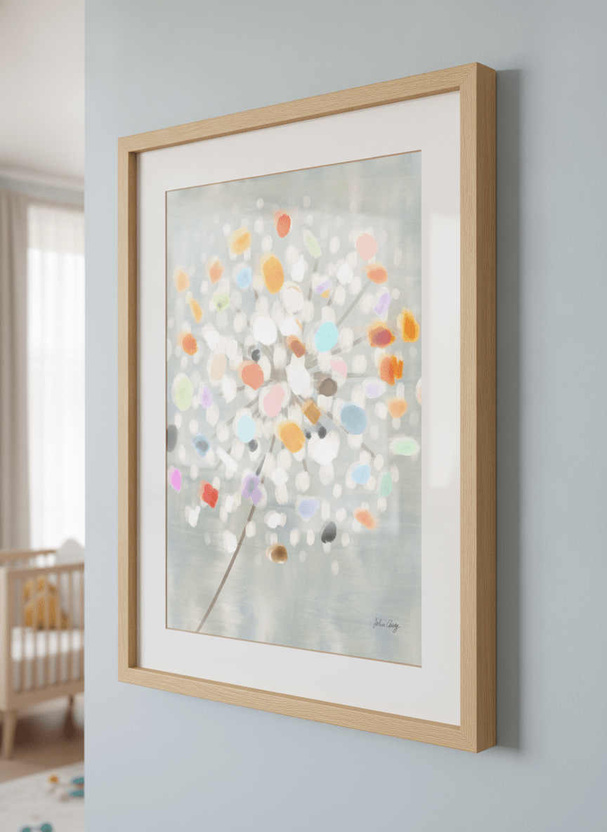 Soft neutral wall art styled in a serene nursery with pastel tones