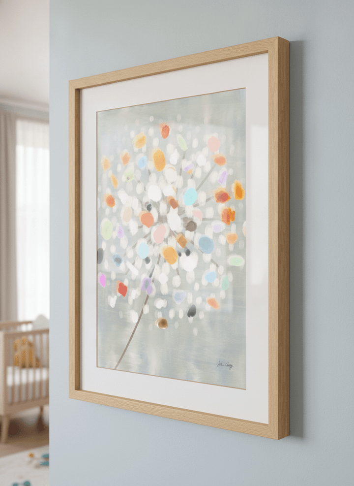 Soft neutral wall art styled in a serene nursery with pastel tones