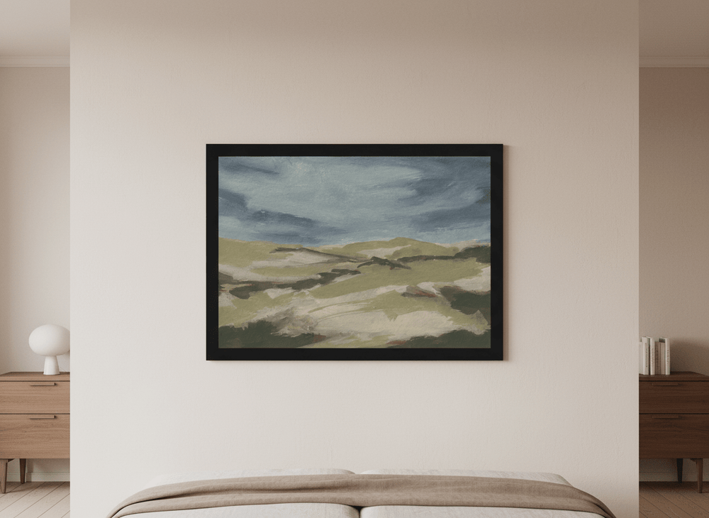 Minimalist artwork displayed in a calm, light-filled bedroom interior