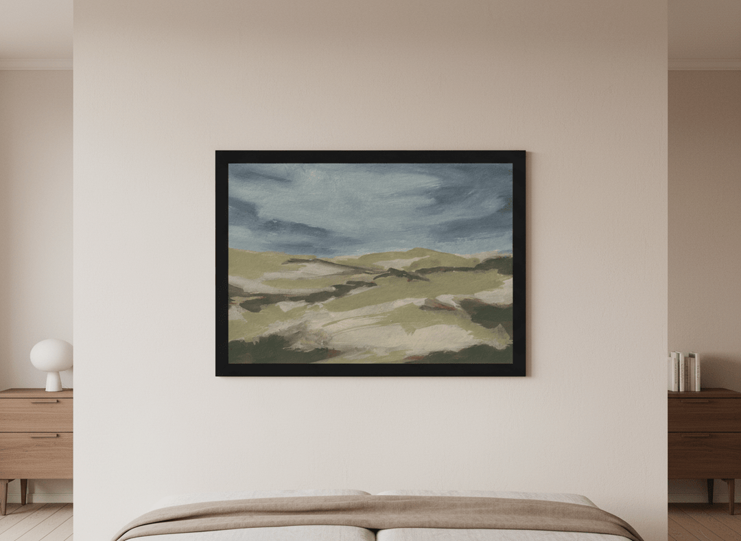 Minimalist artwork displayed in a calm, light-filled bedroom interior