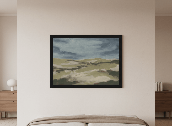 Minimalist artwork displayed in a calm, light-filled bedroom interior