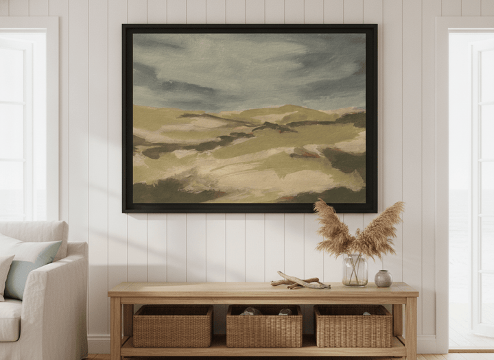 Neutral wall art displayed in a sunny coastal beach house