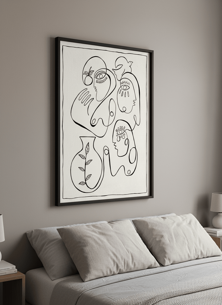 Minimalist artwork displayed in a calm, light-filled bedroom interior