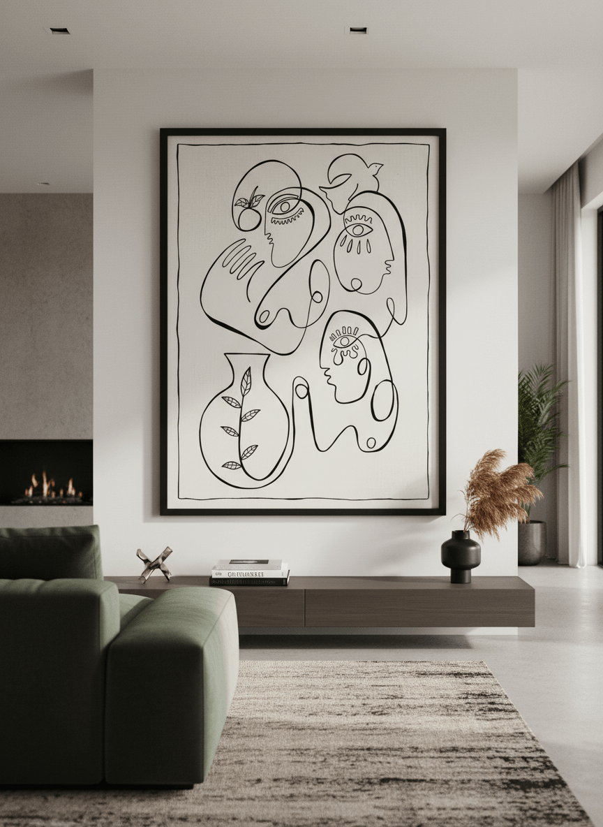 Monumental artwork centred on a feature wall in a luxe interior