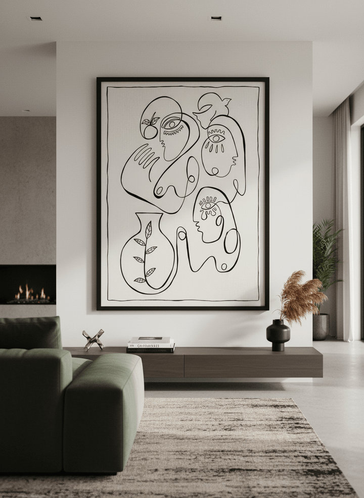 Monumental artwork centred on a feature wall in a luxe interior