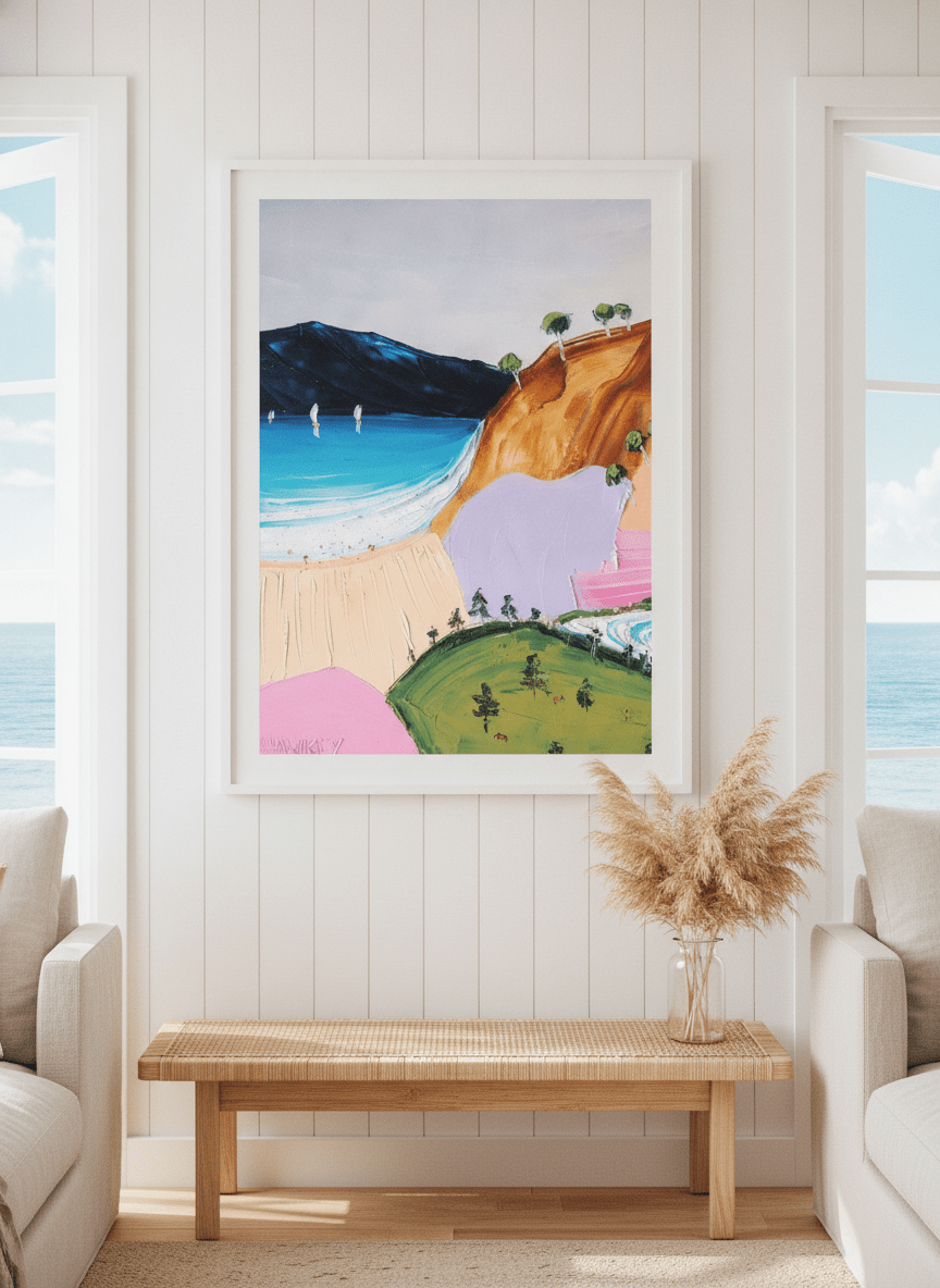 Neutral wall art displayed in a sunny coastal beach house